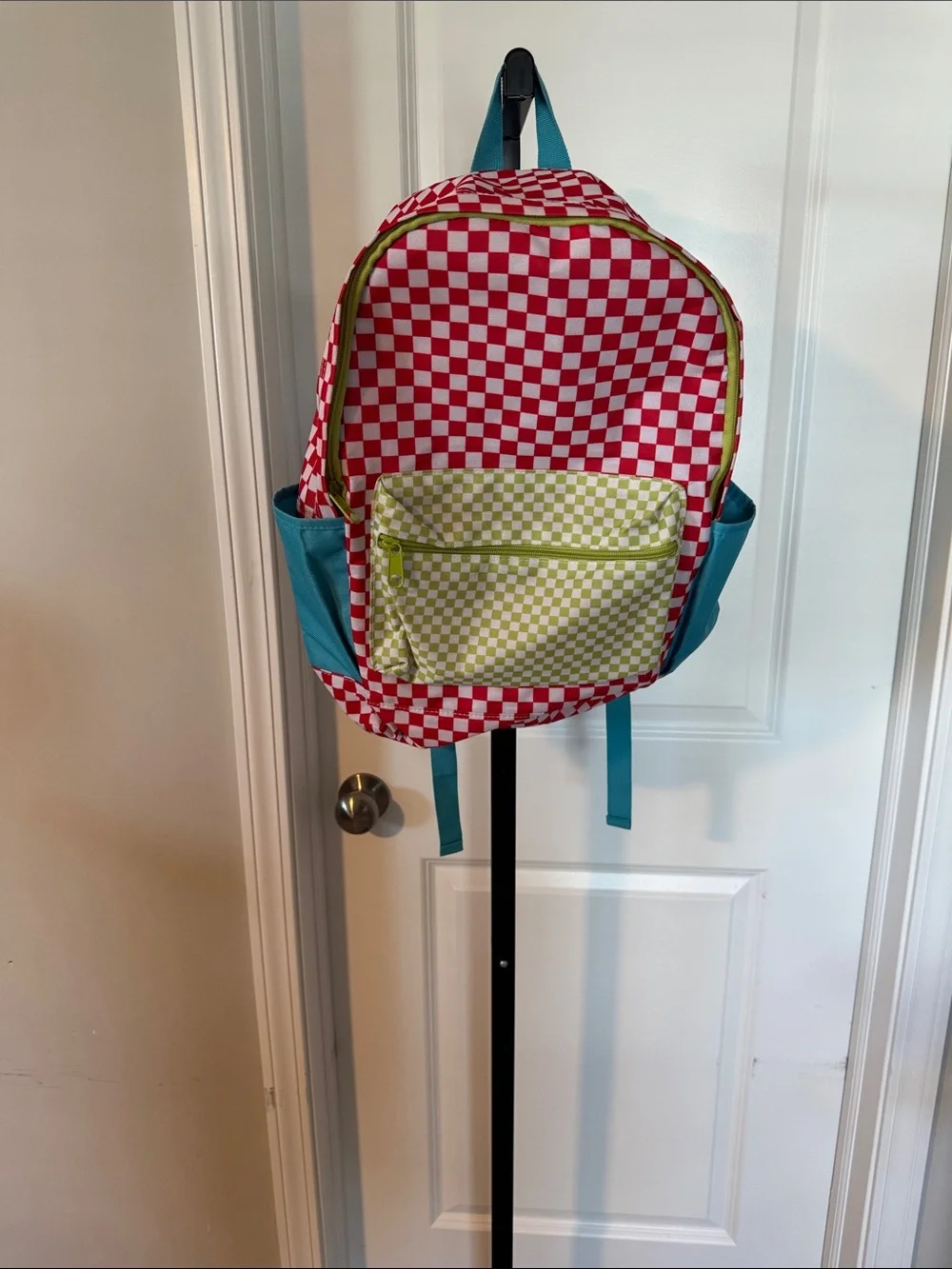 Kids Checkerboard Backpack in Red, White, Lime & Teal - Unbranded
